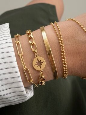 14K Gold Plated 3-Pc Bracelet Stack Set Star Charm Herringbone & Paperclip Chain